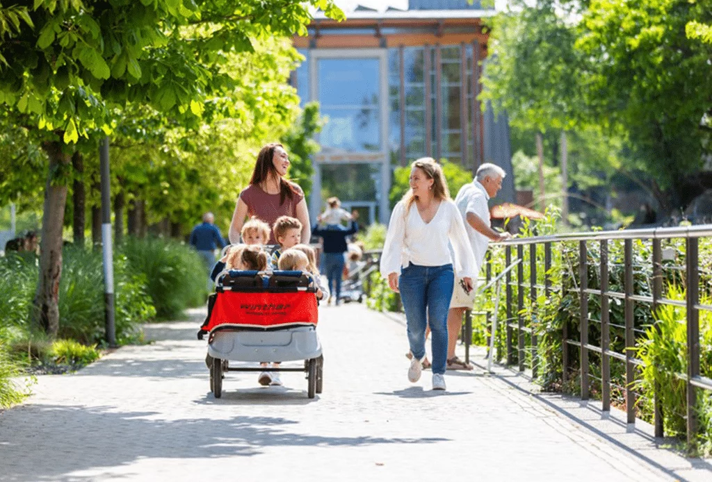 Twee kinderen lopen hand in hand door een groen grasveld